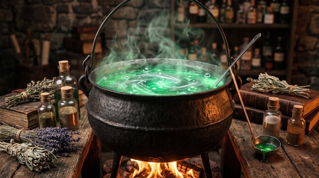 A cauldron with magical green potion.