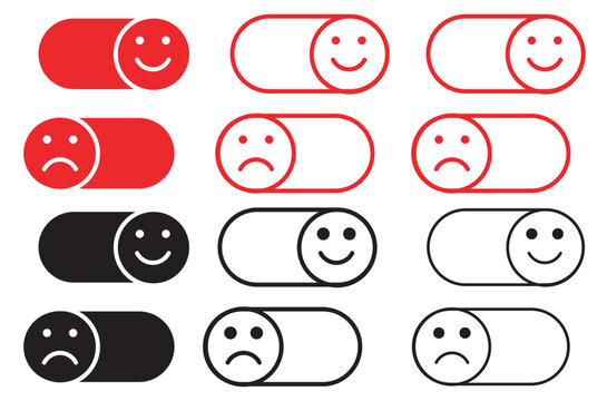 Minimalist toggle switch icons with happy and sad faces, red and black mood slider set, 12 vector elements for customer feedback and user interface design