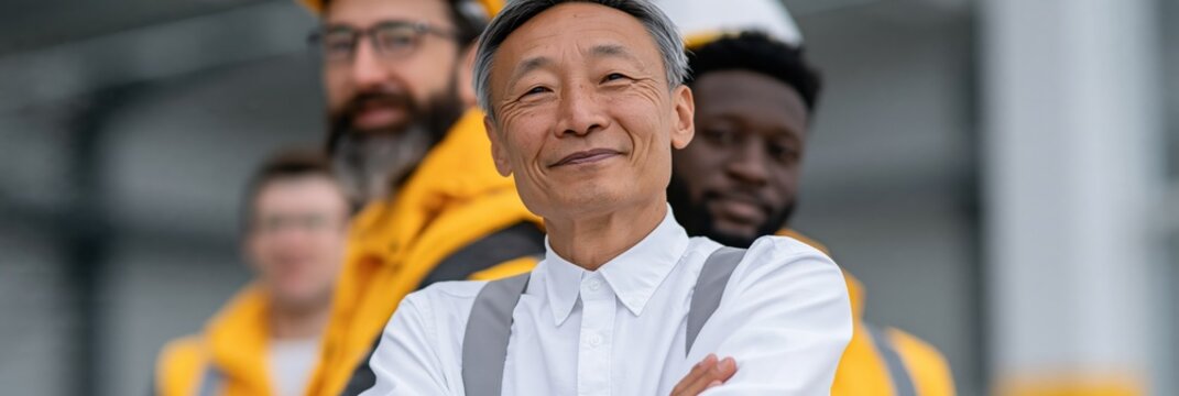 Experienced construction foreman man with multicultural crew in yellow safety vests for industrial team banner and panoramic workplace background