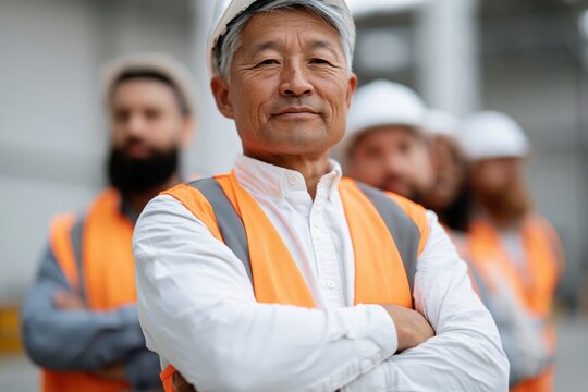 Experienced construction foreman with safety vest and helmet leading a diverse crew for company banner and team leadership background