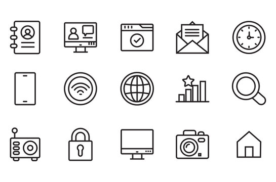 Minimalist business line icons set, 15 professional web and technology vector symbols, black outline digital communication and office interface elements