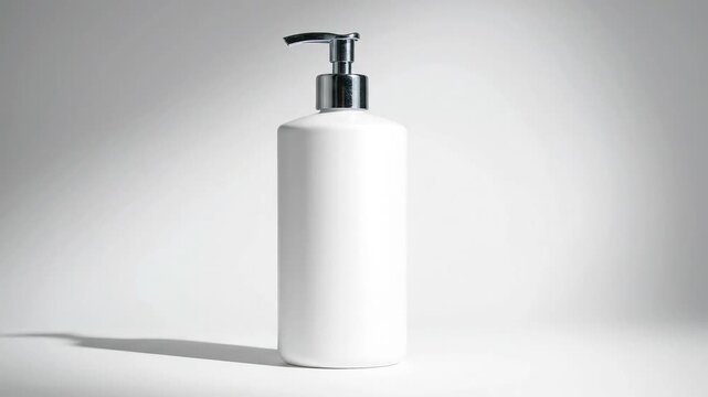 Blank white cosmetic pump dispenser bottle with metallic chrome top isolated on clean white studio background with shadow, ideal for luxury liquid soap packaging, hand lotion branding, and skincare pr