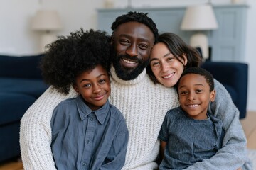 Fototapeta premium Smiling diverse family portrait indoor lifestyle background for family website banner and parenting article