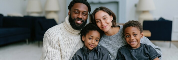 Obraz premium Relaxed family of four sitting on floor together for lifestyle banner and home wellbeing imagery for family care and parenting design
