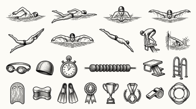Swimming Athlete silhouette icon set, flat black glyph style, pure white background