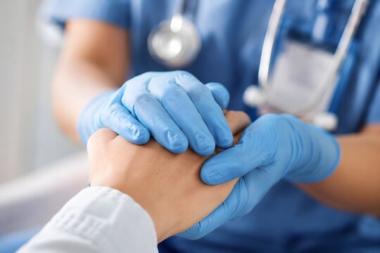 Healthcare worker comforting patient hand