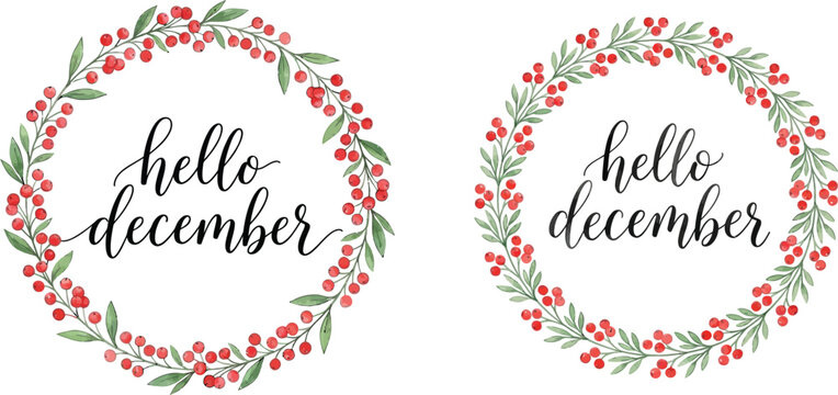 Two decorative floral wreaths with hello december text isolated on transparent background silhouette