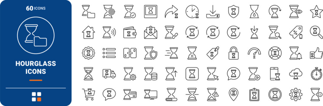 Hourglass wait art line icon set. Vector pictograms of loading, status, progress, and website elements, thin linear illustration.