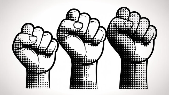Three clenched fists raised in solidarity and protest black and white illustration protest sign social justice human rights fight back clenched