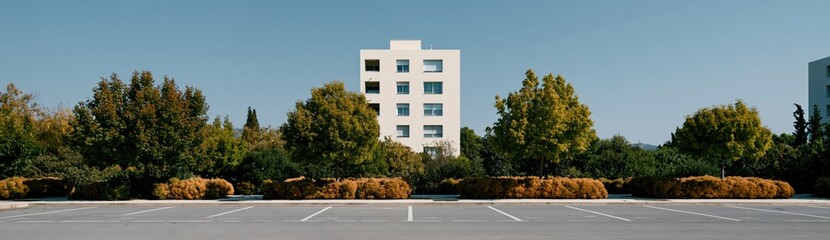 Obraz premium White midrise apartment building centered behind green trees and vacant parking lot background for website banner