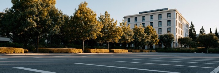 Naklejka premium Modern apartment building frontage with tree lined parking area and hedges for minimalist landscape background and banner design