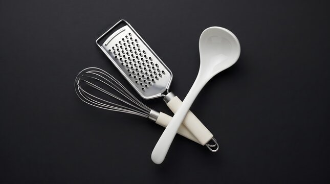 Set of kitchen utensils including a whisk grater and ladle on a black background.