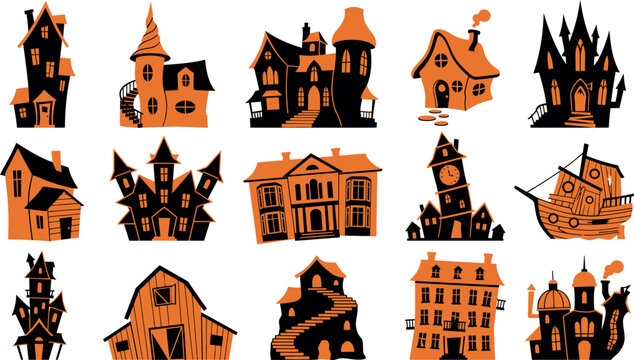 Collection of hand drawn watercolor haunted houses and spooky mansions for a festive halloween design project
