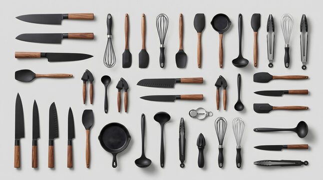 Top view collection of modern kitchen utensils and knives with wooden handles on a light gray background.