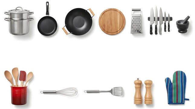 Set of various kitchen utensils and cooking equipment isolated on white background.