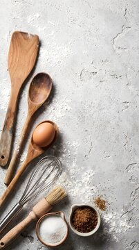 Top view of baking utensils and ingredients on a textured concrete background.
