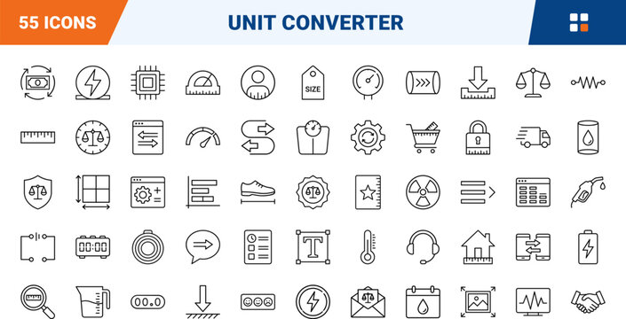 Unit converter app complete website line icon set. Vector pictograms of conversion, measurement, tools, and metric elements, thin linear illustration.
