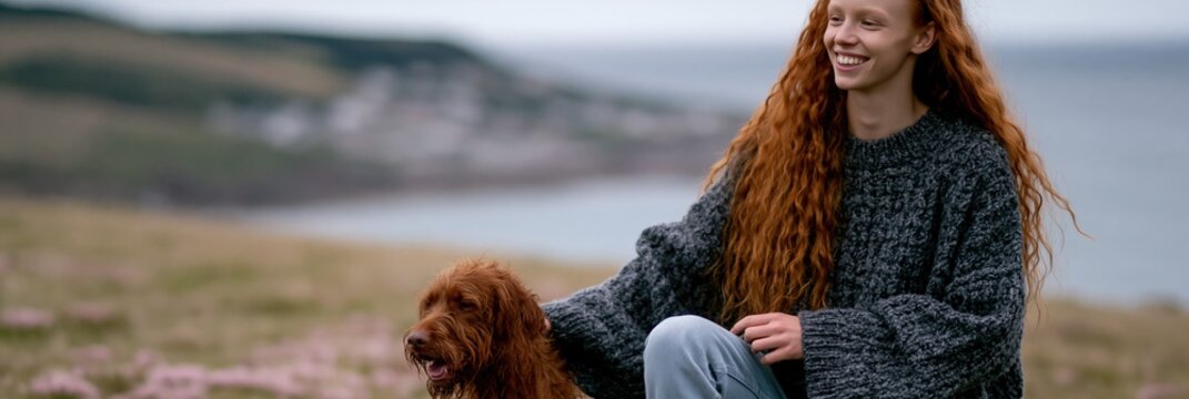 Red haired woman with dog on coastal cliff panoramic banner for outdoor background and lifestyle design