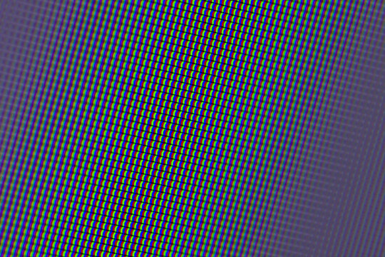Macro close-up of an RGB pixel pattern on an electronic display showing repeating rows of red, green and blue subpixels. Abstract digital texture conveying technology, screen detail pattern