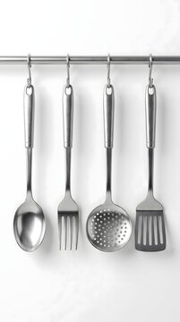 Set of stainless steel kitchen utensils hanging on a rack against a white wall.