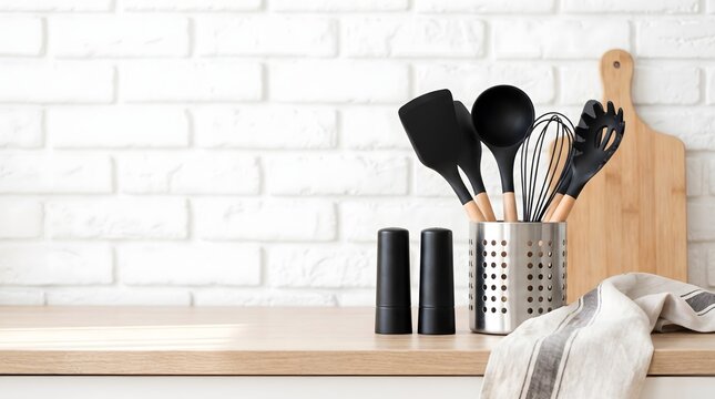 Modern kitchen utensils in a metal holder on a wooden countertop against a white brick wall.