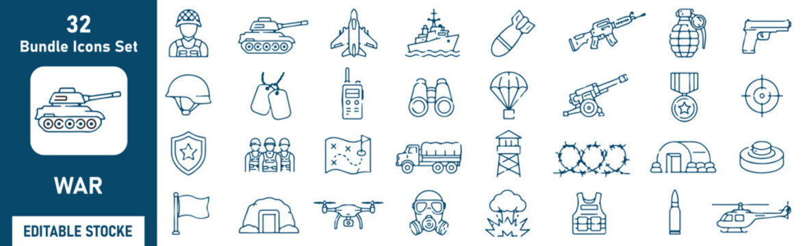 Military and War Vector Outline Icons Set &ndash; Army, Defense, Combat and Tactical Line Symbols Collection
