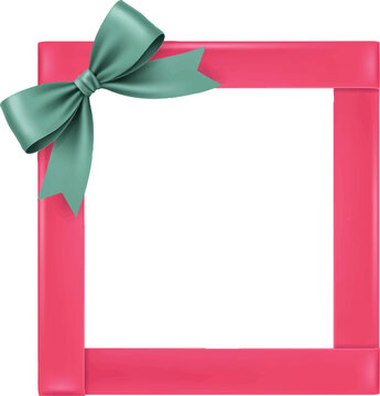 Pink square photo frame decorated with a soft green gift ribbon decoration celebration copy space template isolated invitation feminine minimalist