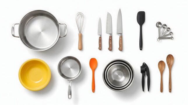 Top view collection of various stainless steel kitchen utensils and cooking tools on white background.