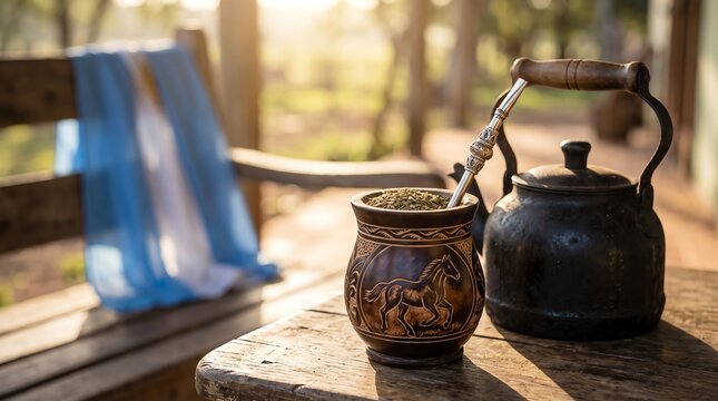 Traditional mate tea setup on rustic wooden table outdoors