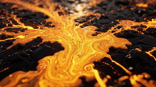 Flowing lava stream glows brightly as it moves across dark volcanic rock surface, showcasing the dynamic interaction of molten material and solid ground