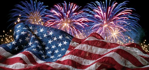 Fototapeta premium Independence Day celebration with colorful fireworks and a waving flag, ideal for patriotic campaigns.