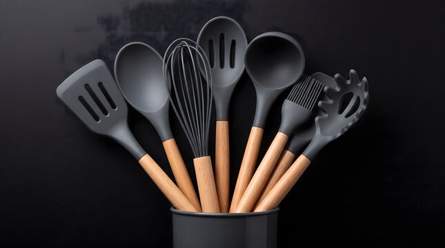 Set of modern silicone kitchen utensils with wooden handles arranged in a container on a black background.