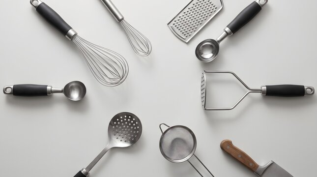 A collection of various stainless steel kitchen utensils with black handles are artfully arranged on a clean white surface, showcasing culinary tools for baking and cooking.