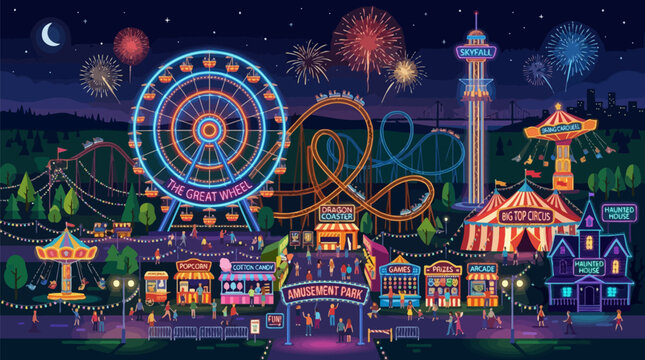 Vibrant vector illustration of a bustling amusement park at night with rides with displays colorful vector entertainment celebration attraction