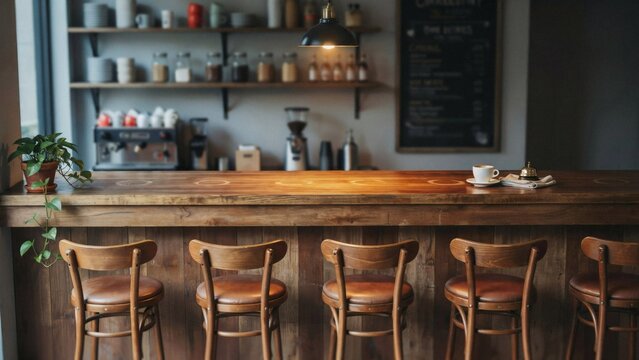 Empty wooden bar counter with stools and coffee machine in cafe interior with machine background rustic wooden restaurant tabletop chair with shop