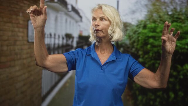 Woman points index finger upward with other hand raised on street beside brick fence and hedge; concentration practice.