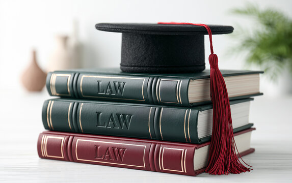 Stack of Law Books with Graduation Cap Symbolizing Legal Education and Achievement