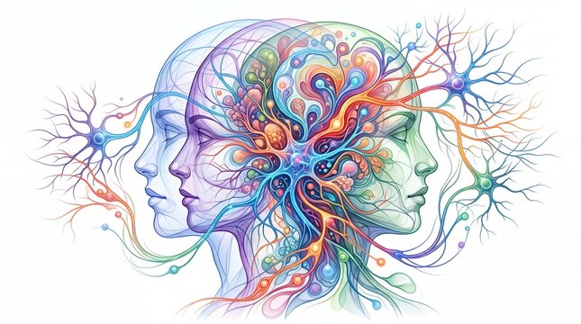 A colorful abstract illustration representing the human mind, thoughts, and emotions intricately intertwined.
