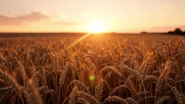 Golden wheat field illuminated by sunset, showcasing the gradual transition of light and shadow across the crops in a serene agricultural landscape