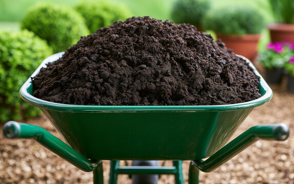 Rich, Dark Soil Filling a Green Wheelbarrow Ready for Garden Planting