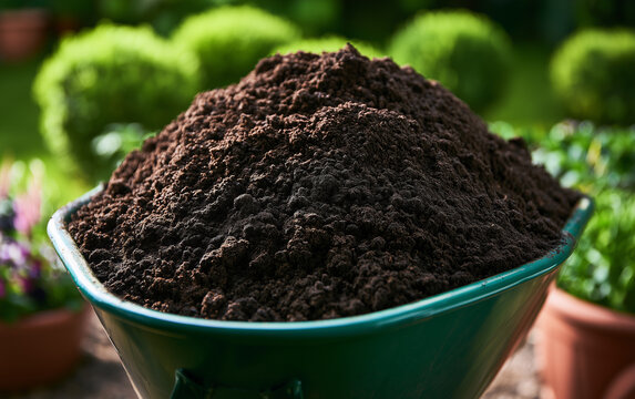 Rich, Dark Soil Filling a Green Wheelbarrow Ready for Garden Planting