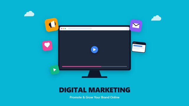 Digital Marketing Illustration with Computer and Social Media Icons