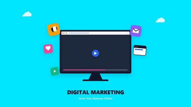Digital marketing concept with computer monitor and social media icons