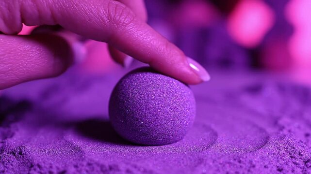 Close-up of a hand gently pressing a textured purple ball into fine sand, creating ripples and patterns in the surrounding purple sand surface