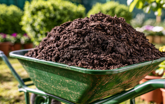 Rich, Dark Soil Filling a Green Wheelbarrow Ready for Garden Planting