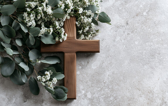 Rustic Wooden Cross Adorned with Delicate White Flowers and Green Eucalyptus Leaves on Textured Background