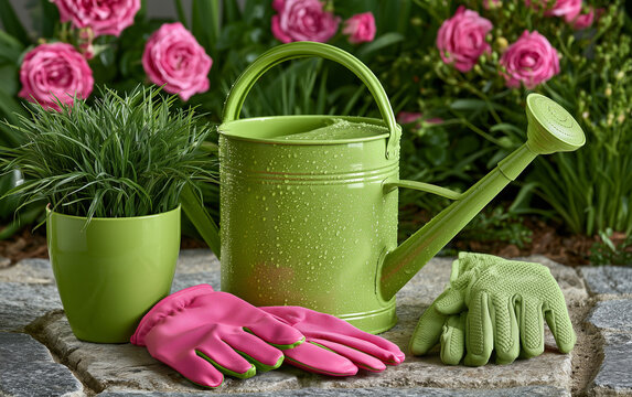 Green watering can and gardening gloves rest on stone path beside potted plant with pink flowers blooming in garden background