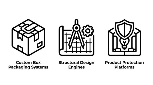 Custom box packaging and structural engineering design icons with packaging structural engineering protection production manufacturing industry blueprint development logistics mechanical