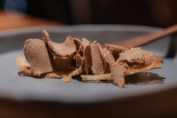 Sliced Foie Gras Close Up on Plate in Fine Dining Restaurant © Kajornsiri