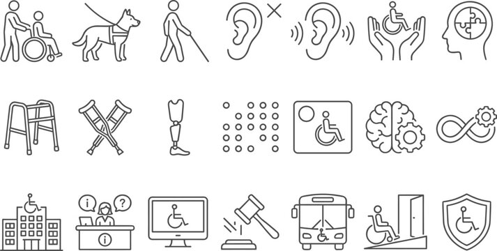 Disability Accessibility Policy and Inclusive Public Infrastructure Line Icon Set for Social Services Healthcare Compliance Special Needs Care Programs and Legal Protection Guidelines